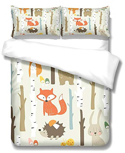 zzqxx Funda Nordica Infantil Cama 90 Niña Animales del Bosque 3D Juego de Funda de Edredón 135x200cm con Cierre de Cremallera 100% Poliéster y Dos Almohadas 50X75cm para Adulto Juvenil