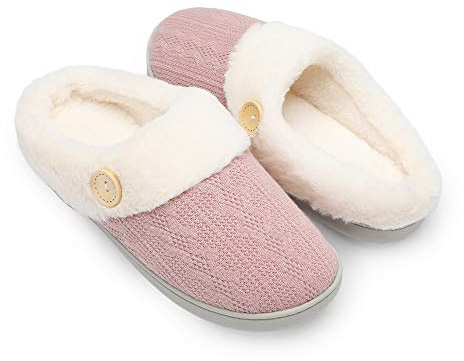 Chantomoo Womens Slipper Warm Comfy Memory Foam House Slippers Knitted Shoes Faux Fur Lined Anti-Skid Rubber Sole Bedroom Cozy Indoor Outdoor Slippers Pink Size 9 10 8.5