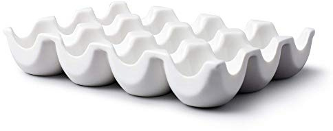 THMY Bandeja para Huevos - Caja de Almacenamiento Tradicional de Porcelana para 12 Huevos/Bandeja para el refrigerador o encimera de Cocina - Blanco, Ranuras