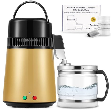 Hanchen wasser destilliergerät 4 Liter Wasserdestilliergerät 1L/H Edelstahl destilliergerät 750W Wasser Destillierer mit Glaskanne | Reinwasser destilieren für Haus Industrie Labor (Champagner Gold)
