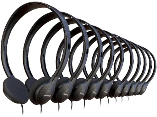 10 Pack Bulk Wired Headphones, On Ear with 3.5mm Jack, 4ft Tangle Free Cable, Comfortable Fit, Affordable and Cost Effective, Ideal for School Classroom Testing Students Events Groups, Black
