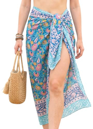Swimsuit Coverup for Women - 100% Cotton Hand Block Teal Sarong Wraps for Women Pareo Beach Cover Up Summer outfits 73X44 (Teal Blue 2)
