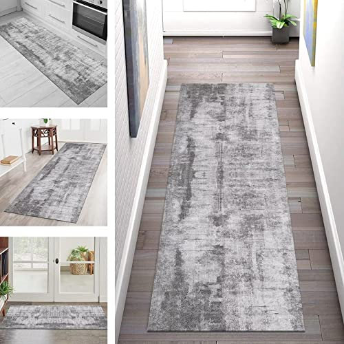Teppich Läufer Flur Küche rutschfest Waschbar 110X250CM Küchenteppich Grau Küchenläufer Modern Asbtrakt Teppichläufer Lang Schlafzimmer Meterware Korridor Teppichmatten Eingang Wohnzimmer Flurläufer