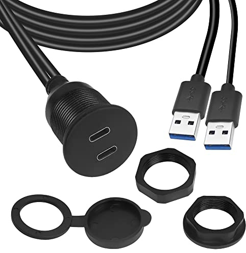 QIANRENON Dual USB C auf USB 3.0 Gewinde Flush Mount Waterproof Kabel Adapter, 2 USB 3.0 Male auf 2 USB C Female Panel Mount Extension Kabel, für Auto Boot Lkw Yacht Motorrad, 1m/3.3ft