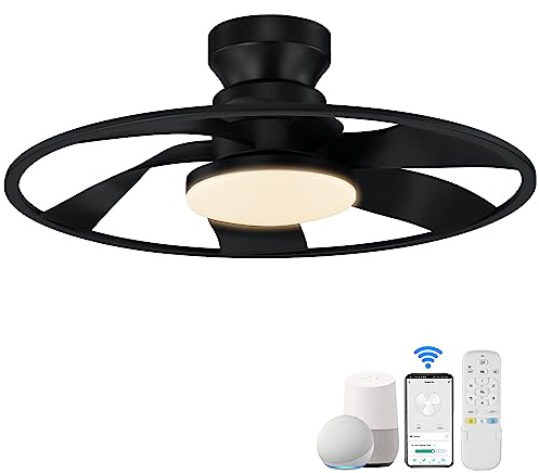 Hoenofly 22” Smart Low Profile Ceiling Fans with Lights Remote,Quiet DC Motor,Bladeless Flush Mount Ceiling Fan Controlled by WiFi Alexa App,Modern Black for Small Indoor Bedroom Outdoor Patio