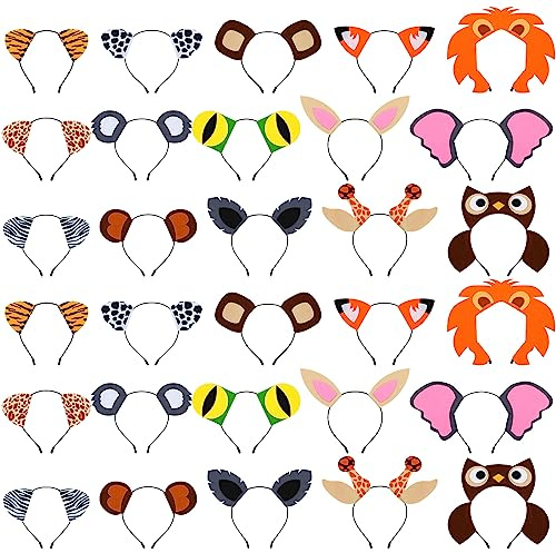 Kigeli 30 Pcs Jungle Animal Safari Ears Headbands for Hair Hoops One Birthday Easter Costumes Dress-up Party Favors Supplies(Animals)