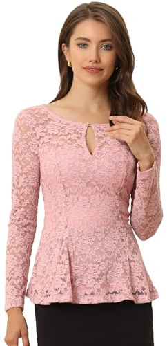 Allegra K Women's Dressy Top Formal Wedding Guest Long Sleeve Lace Peplum Blouse, Pink, XL