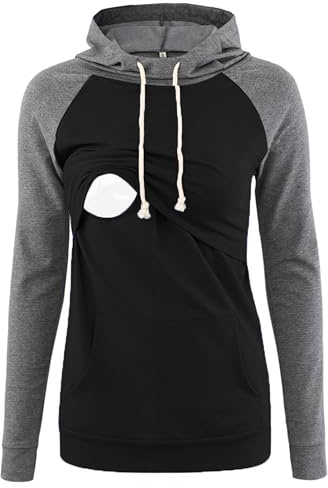 Love2Mi Sweat à capuche d'allaitement pour femme - Manches longues - Veste de maternité, A-noir/gris, S
