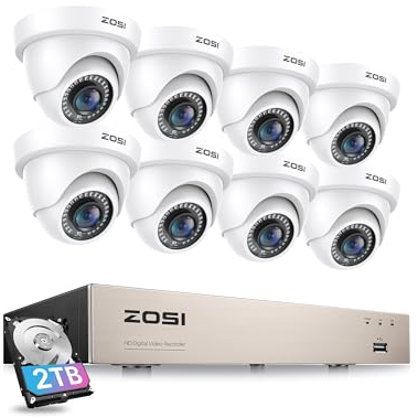 ZOSI Kit de Cámara de Vigilancia 8CH H.265+ 2MP Videograbador DVR con (8) Cámara Seguridad Exterior, Visión Nocturna, Detección de Movimiento, 2TB Disco Duro