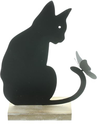 FRANK FLECHTWAREN Katze, Metallfigur, Dekofigur, Figur Katze mit Schmetterling, Mattschwarz, MDF Maße: Höhe 21 cm