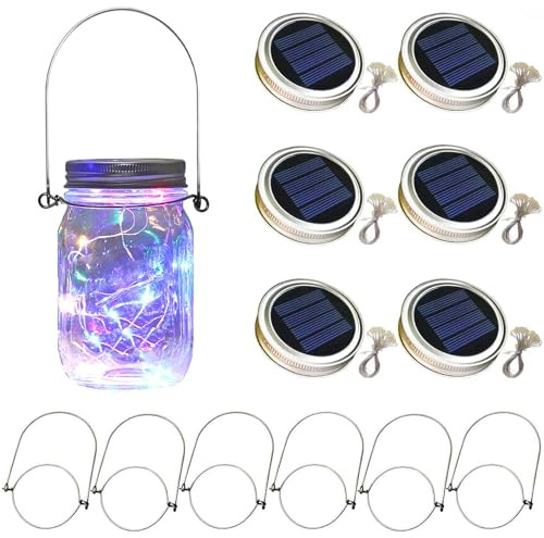 6 x Solar Mason Jar Light Lids - 30 LED Hanging Fairy Firefly String Light Lantern Cap, Outdoor Waterproof Patio Porch Garden Yard Balcony Lawn Wall Lighting Decor(No Jar Included)