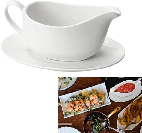Sauciere aus Porzellan für Soßen, Keramik Soßenkännchen, Sauciere mit Henkel Soßenkanne Porzellan Soßenschale Porzelansauciere für Soße, Salatdressings, Creme, Milchbrühe, Schwarz-Pfeffer, 450 ml