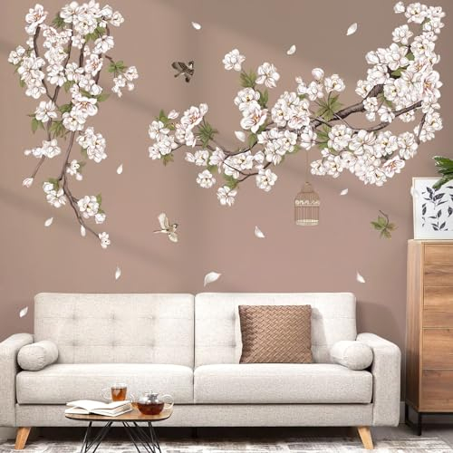 decalmile Wandtattoo Blumen Weiß Baum Ast Wandaufkleber Blüten Vögel auf Ast Wandsticker Wohnzimmer Schlafzimmer Sofa Hintergrund Wanddeko