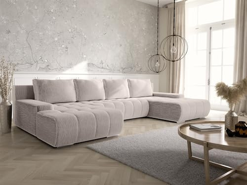 Tendencio Canapé panoramique Convertible BOLUTI en Velours côtelé avec Coffre de Rangement (Beige)