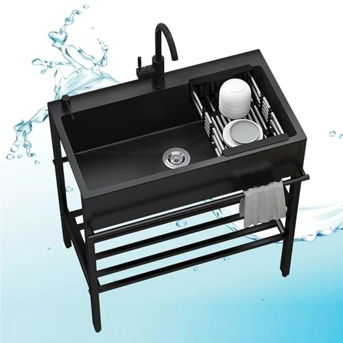 Küchenspülen Schwarz, Freistehendes Edelstahl Mobiles Waschbecken, Multifunktionswaschtisch Mit Wasserhahn, Badezimmer Handwaschbecken, Für Badezimmer, Garage, Hotel, Camping (Size : 100x45x86cm)