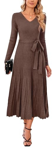Arach&Cloz Jumper Dress for Women UK Long Sleeve Midi Knitted Pleated Dresses Fall Winter V Neck Stripe Sweater Dress Coffee