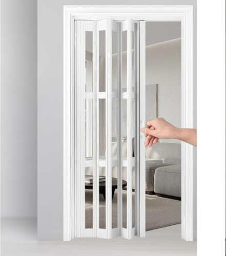JLXJYS White Accordion Door with Acrylic Clear Glass, Aluminum Internal Sliding Folding Door Glass Closet Door, with Installation Hardware(WxH 74x80in(188x203cm))