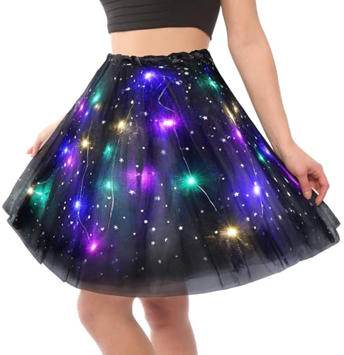 URAQT Tulle Tutu Skirts for Women LED Light Up, Tutu Skirts Sequins Stars Elastic, Tutu Adult Teen Skirt Ballet Dance Festival Outfit Halloween Party Costume # Black