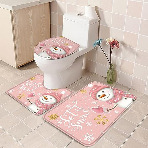 U-Förmiger Teppich Schneemann Frohe Weihnachten Goldener Schnee Winter Schneeflocken Auf Rosa Wc Vorleger Set 3 Teilig Badezimmer Vorleger 3-Teiliges Waschbar Badezimmer-Garnitur