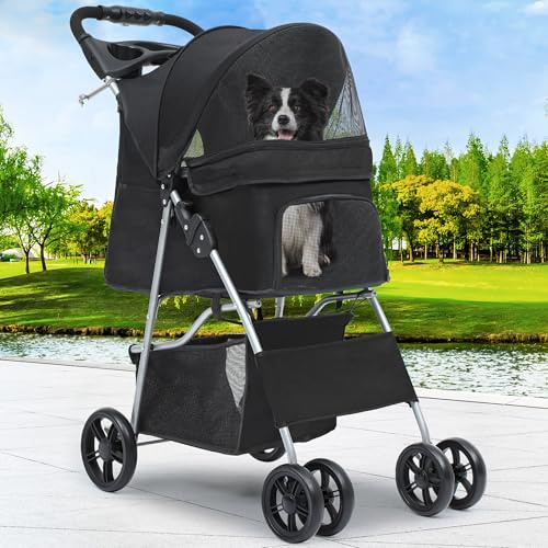 YITAHOME Haustierbuggy für mittelgroße Hunde, 4-Rad-Hundebuggy mit Aufbewahrungskorb, faltbarer Haustier-Reisewagen mit Getränkehalter und Aufbewahrungskorb (Schwarz)