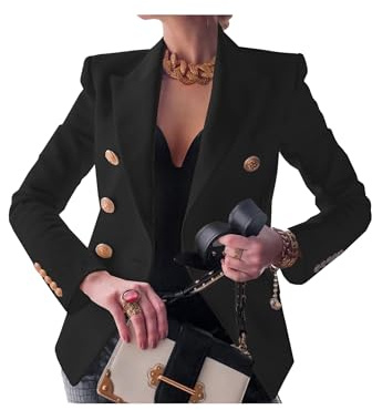 OMZIN Femmes Vintage Solid Color Manches Longues Revers Double Breasted Blazer Veste Cropped Blazer Noir S