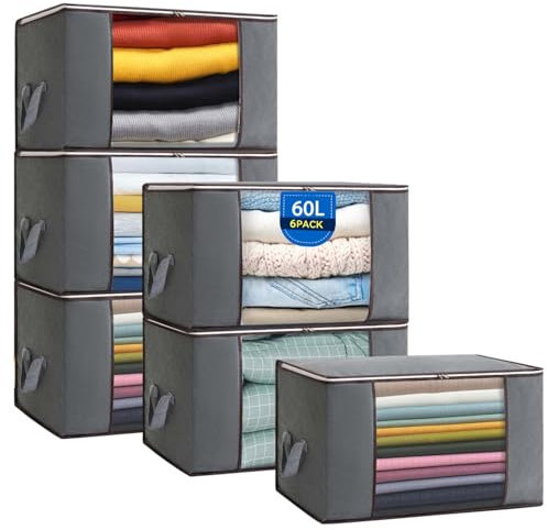 Boic 6 Pezzi Scatole Per Vestiti 60L, Scatole Per Armadio Salvaspazio, Contenitore Vestiti Pieghevoli Con Coperchio E Maniglia Contenitori Per Armadio Per Coperte, Biancheria Da Letto (Grigio)