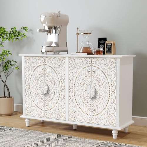 HOLTICO Sideboard Wohnzimmer, Küchenschrank Kommode mit 4 Türen Buffetschrank Aufbewahrungsschrank für Wohnzimmer, Küche, Esszimmer Weiß