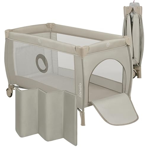 LIONELO Stefi Plus 2-i-1 Resesäng & Spjälsäng för Baby (0–36 mån/upp till 15 kg), Två Madrassnivåer, Mjuk Madrass, Transportväska, Bambu Swaddle, Sidoingång, Ventilerande Nätväggar, Hjul, Beige