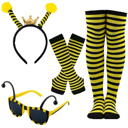 GWAWG 4 Pièces Ensemble Déguisement Abeille Costume Abeille pour Adultes Bandeau à Antennes, Lunettes Abeille et Manchons de Jambe pour Halloween, Cosplay, Fêtes et Journée Mondiale du Livre