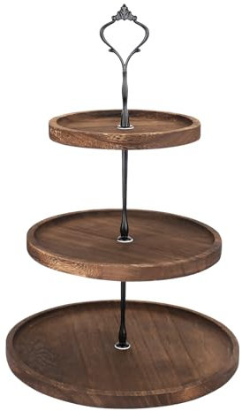 CTDMJ Soporte para tartas de madera de 3 niveles, con mango de metal, soporte para cupcakes, soporte para tartas, torre, plato para tartas, frutas, galletas, dulces, para bodas, cumpleaños, té de la