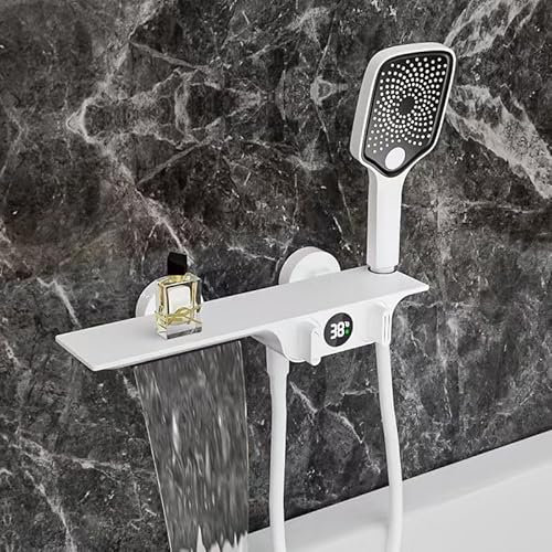 White Bathtub Faucet with Hand Shower Large Storage 38℃ Thermostat Waterfall Mixer Tap Wall Mounted LED Display Bath Faucet for Home Spa Experience