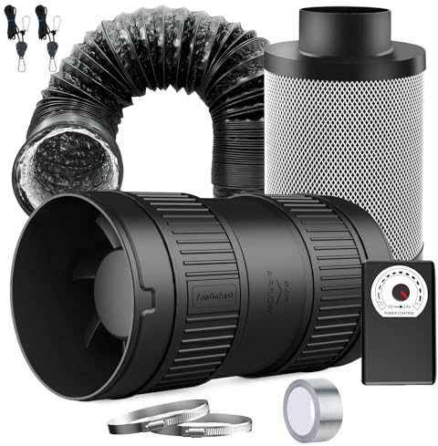 FanGoFast Lüftungsset 100mm Rohrventilator 221m³/h mit Drehzahlregler, Aktivkohlefilter, Abluftschlauch, Aluminiumfolienband und Klemmen – Belüftungssystem für Growzelt Gewächshaus‌
