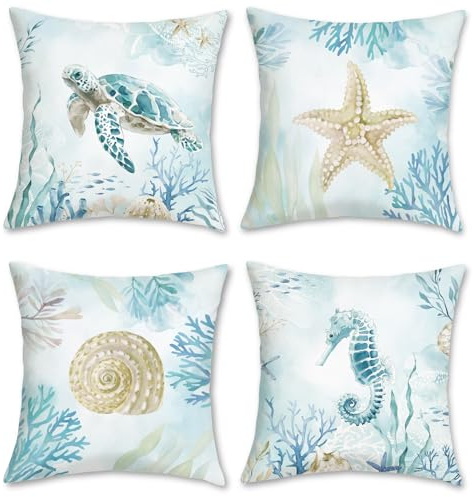 COZZSNUGE Blau Küsten Kissenbezüge 45 x 45 cm, Sommer Muscheln Seestern Meeresschildkröten Seepferdchen Strand Dekorative Kissenhülle Zierkissenbezüge für Sofa Zuhause 4er Set