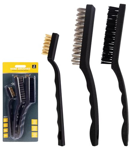 Pack of 3 Steel Nylon & Copper Wire Brushes - Cleaning Paint, Metal Rust Remover Brushes, 3 Sizes, Wire Brush Set, Stainless Steel, Brass Nylon, Masonry, Stoves, Sinks, BBQs