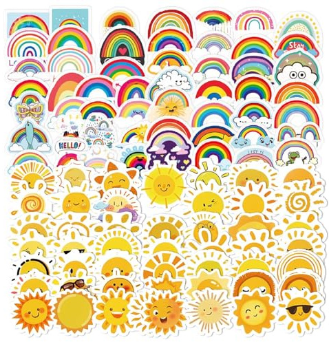 100 PCS Waterproof Vinyl Stickers – Sun & Rainbow Graffiti Style Decals for Laptop, Skateboard, Water Bottle, Luggage – Removable, No Residue, Cute Aesthetic DIY Stickers for Teens & Adults