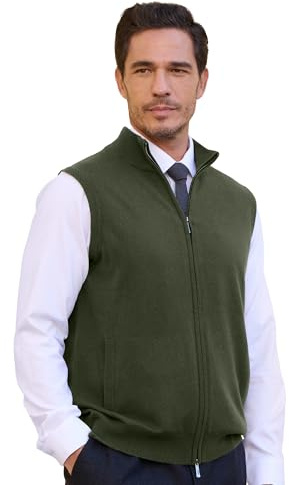 KVSS Men's Mock Neck 100% Pure Cashmere Cardigan Vest, Sleeveless Zip Up Sweaters from Inner Mongolia for Mens with Pockets