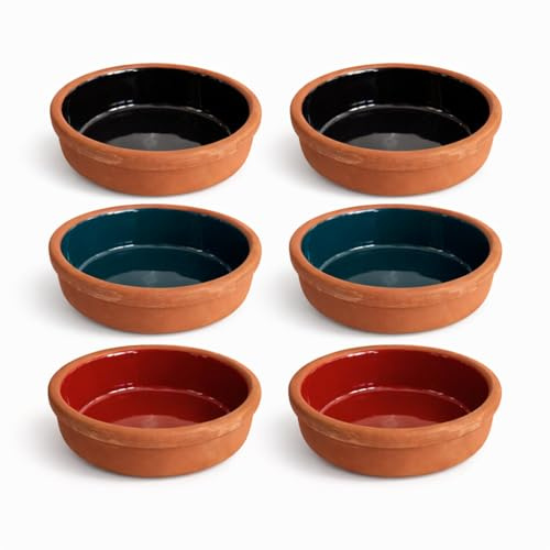 Areste Mexican Clay Cookware Set of 6 – Terracotta Pots, Bowls, Plates & Serving Dishes – Spanish Earthenware for Baking, Yogurt, Kheer, Meat, Vegetables – Cazuelas Mexicana (Black, Green, Red Interior)