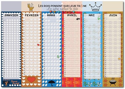 Divertente calendario perpetuo | I re pensano al trono | Calendario senza anno per compleanni e date importanti | Fronte retro, colorato, da appendere al WC | Regalo divertente e pratico
