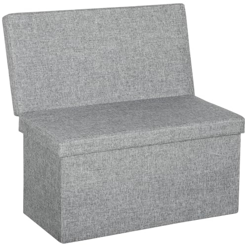 HOMCOM Panca Contenitore Camera da Letto con Schienale 76x50x73 cm Grigio | Pieghevole, Pouf Poggiapiedi, Tessuto Effetto Lino, Vano da 77L, per Salotto e Soggiorno