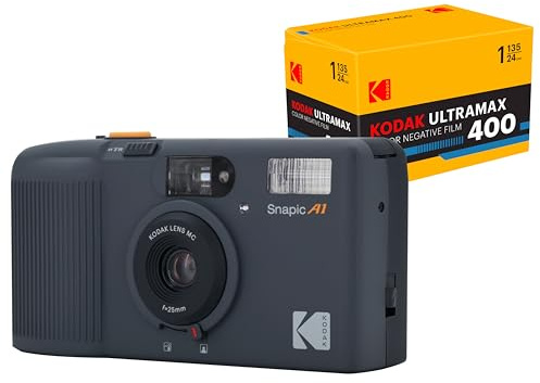 KODAK Snapic A1 35-mm-Filmkamera, 35 mm, wiederverwendbar, 2-Zonen-Fokus, leicht, kompakt (Im Set mit Kodak Ultramax 400/24 ​​EXP 35mm Rollfilm, Nashorn grau)