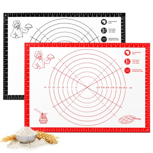 2er Set Antihaft Backmatte Silikon 71x51 cm – Rutschfeste Ausrollmatte & Teigmatte mit Maßskala – BPA-frei für Pizza, Brot, Kuchen, Fondant – Backunterlage & Arbeitsmatte (Rot & Schwarz)