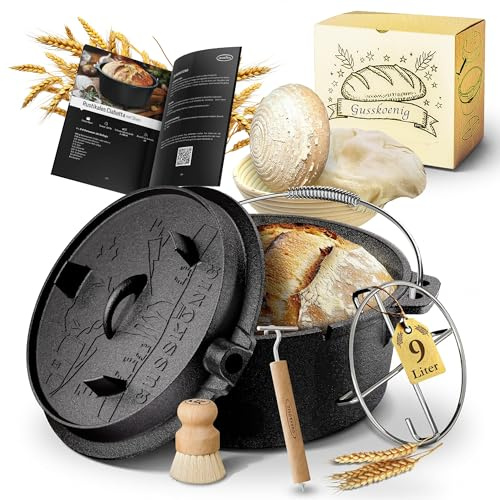 GUSSKÖNIG Gusseisen Brotbackform 33 cm mit Deckel – Brotbacktopf Set inkl. Rezeptbuch & Gärkörbchen – Dutch Oven eingebrannt, Brottopf & Zubehör zum Brot backen - 30 Jahre Garantie