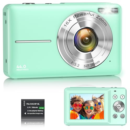 Digital Camera 1080P 44MP Vlogging Camera for Kids Teens, FHD Compact Portable Photo Camera with 2.4 Screen 16X Zoom, Anti-shake Mini Camera for Beginners Students Boys Girls-Green（No SD Card)