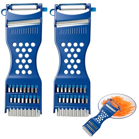 RUGBOL Pelaverdure Multifunzione 3 in 1, Set da 2 Pezzi, Sbucciatore a Julienne per Frutta, Patate e Verdure, Pelapatate e Affettaverdure in Acciaio Inox, Blu