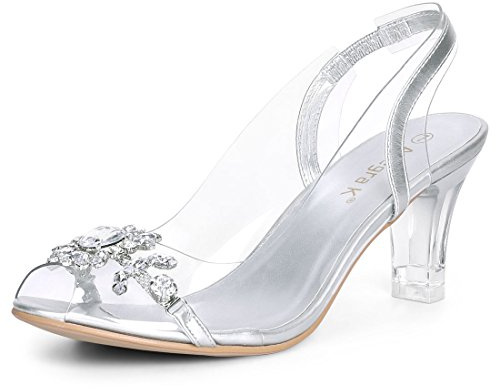 Allegra K Damen Transparente Slingback Blumen Strass Peep Toe Heels Sandalen Silber 40