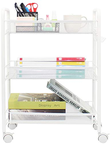 OVICAR Mesh Wire 3 Tier Rolling Cart, Küche Storage Utility Cart, Multifunktion Korb Ständer für Badezimmer, Full Metal Storage Art Trolley Carts with Wheels & 4 Side Hooks (Weiß)