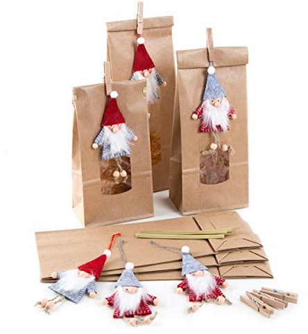 Logbuch-Verlag 6 große Papiertüten mit Fenster + Wichtel Anhänger - Verpackung Weihnachten Teetüte Gebäck Plätzchentüte lebensmittelecht 10,5 x 6,5 x 29 cm
