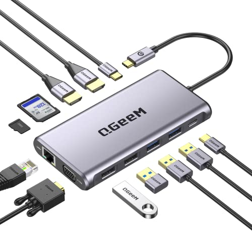 Docking Station USB C to USB 3.0, QGeeM 12 en 1 Triple Display Hub con 4K Dual HDMI, 1080P VGA,100W PD, Ethernet, Lector de Tarjetas, compatible con MacBook.