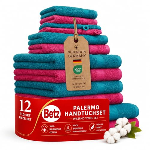Betz 12-TLG. Handtuch-Set Palermo 100% Baumwolle 2 Liegetücher 4 Handtücher 2 Gästetücher 2 Seiftücher 2 Waschhandschuhe Farbe Cranberry und Petrol