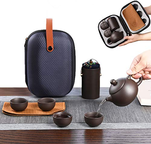 Zliger Kung Fu Set Da Tè Argilla Viola Naturale Servizio Da Tè con 1 Teiera + 4 Tazze Da Tè + 1 Tappetino Da Tè + 1 Secchio Da Tè + Borsa Protettiva Portatile per Uso Interno Ed Esterno